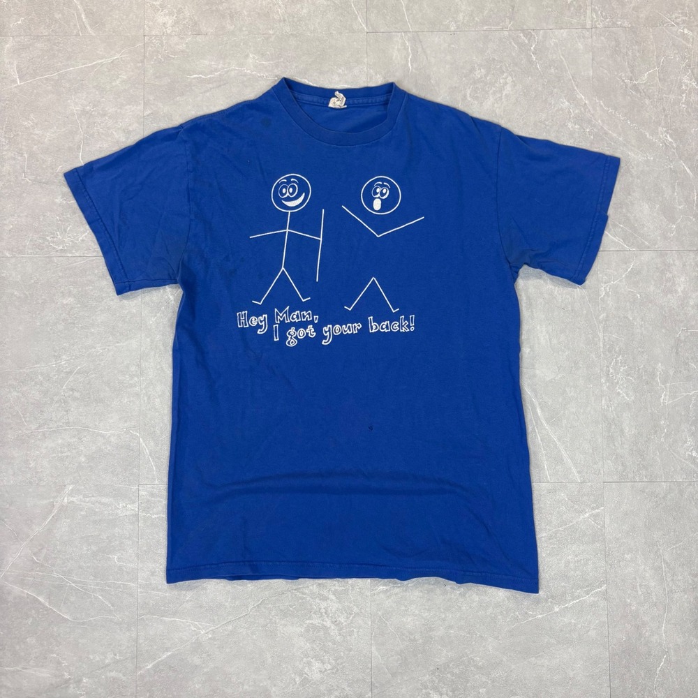 Vintage Hey Man I Got Your Back Graphic T-Shirt Blue Stick Figure Funny Tee